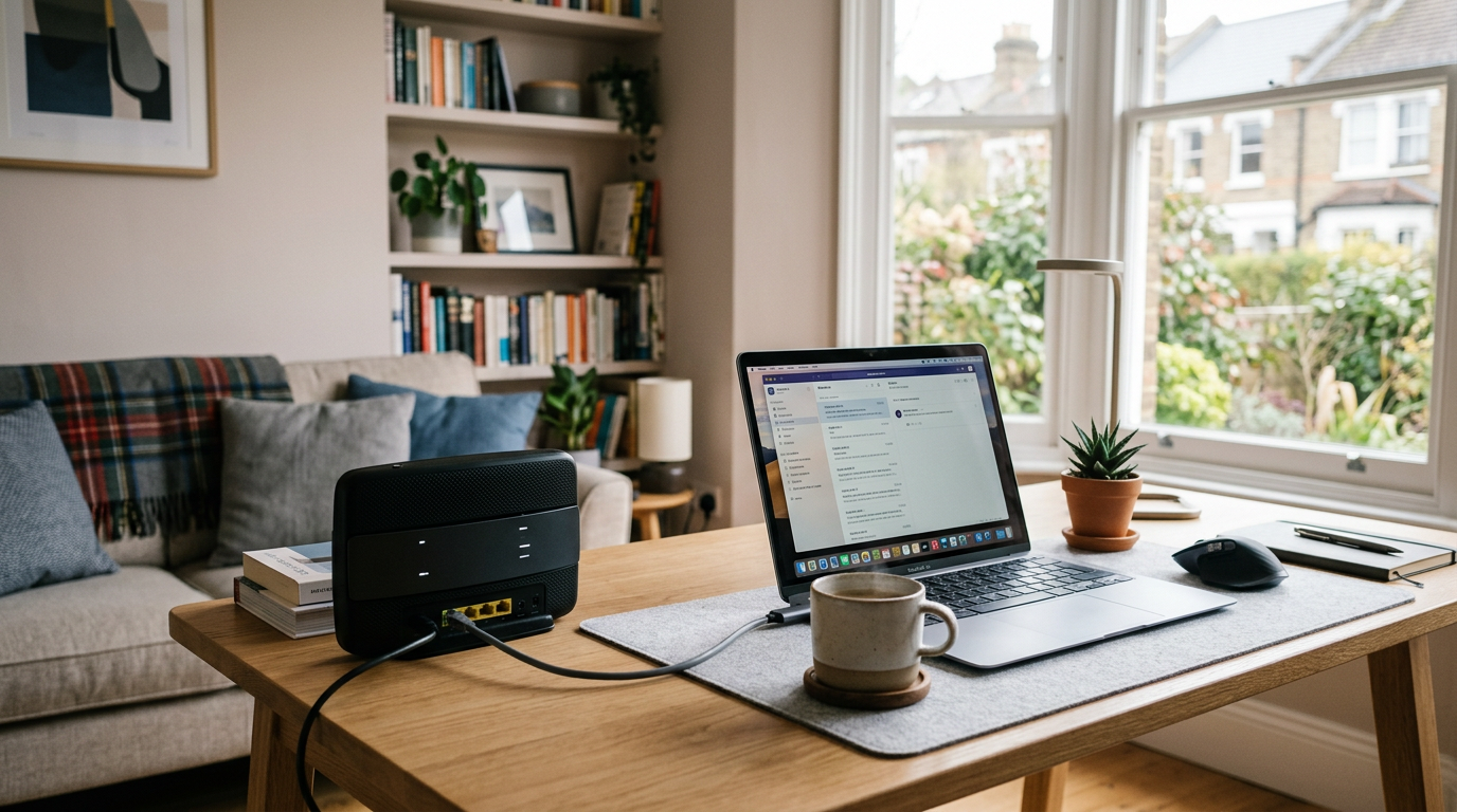 Broadband router and laptop in a UK home