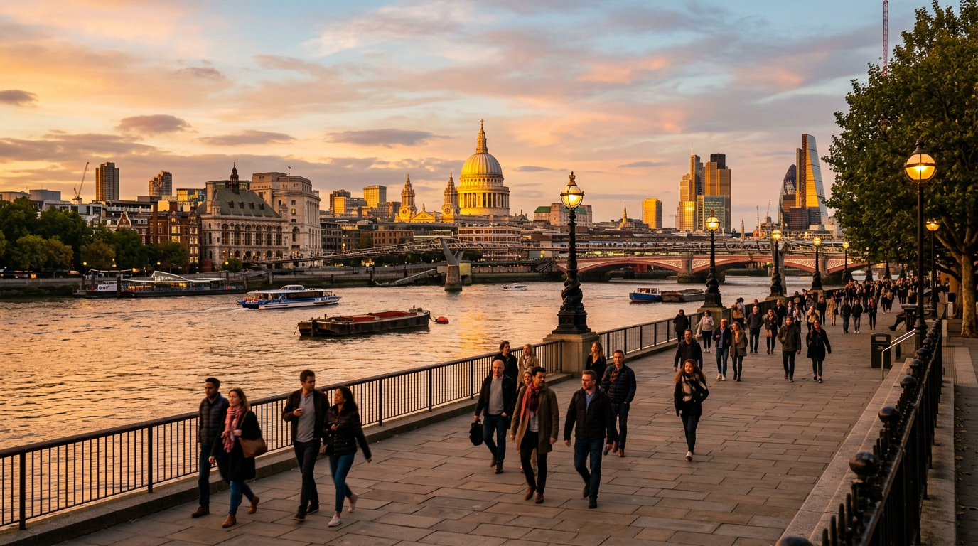 Thames riverside walk in London at golden hour