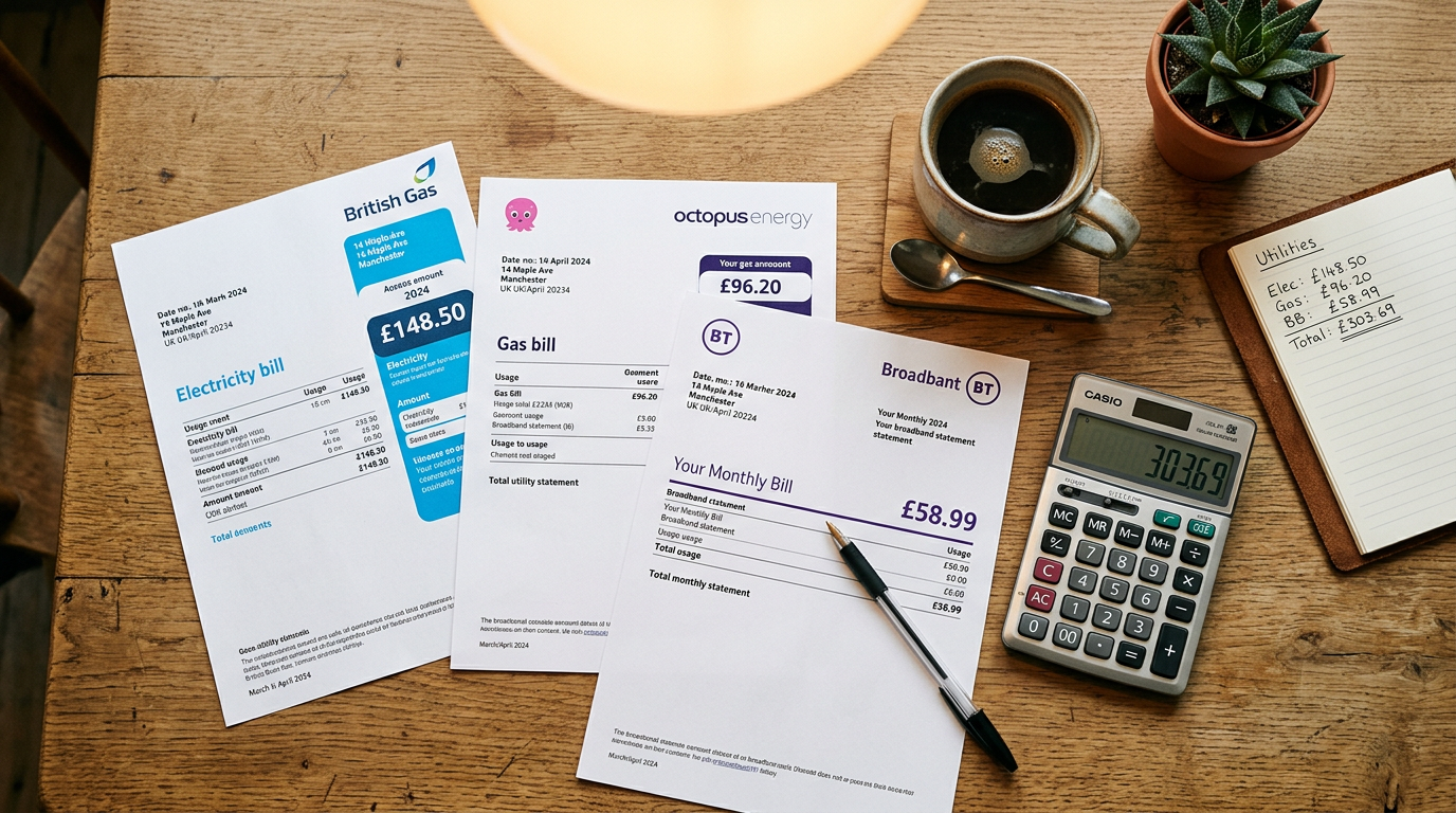 UK household bills spread on a table