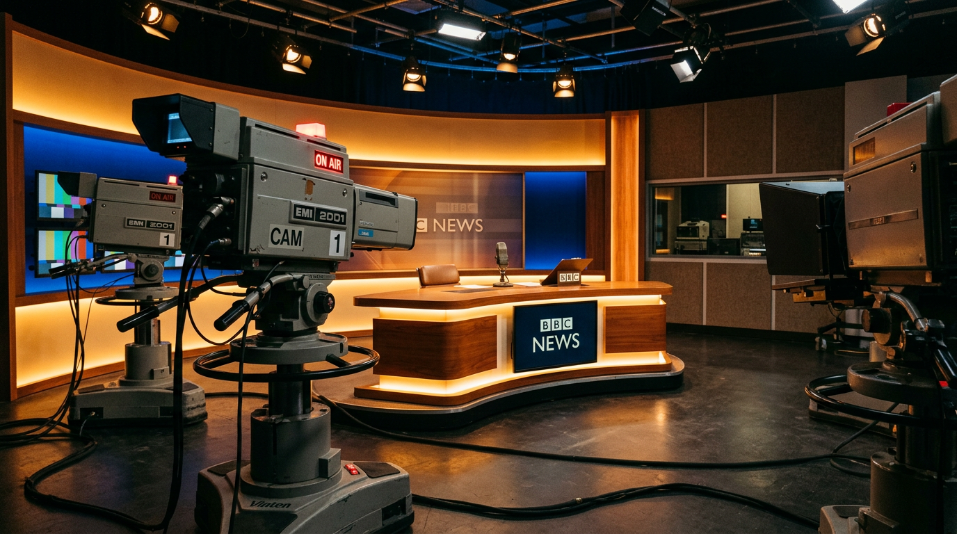 British live TV studio with cameras and news desk