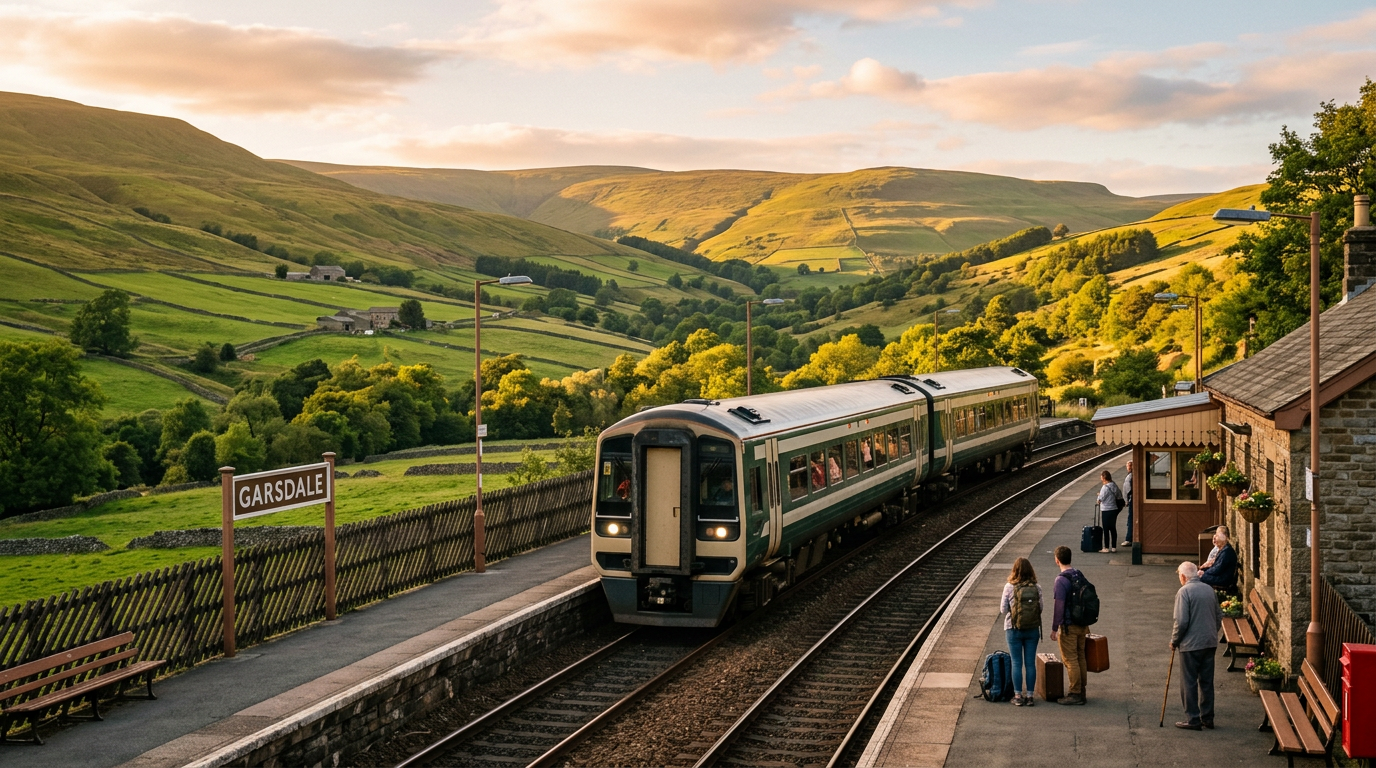 British train at a countryside station platform