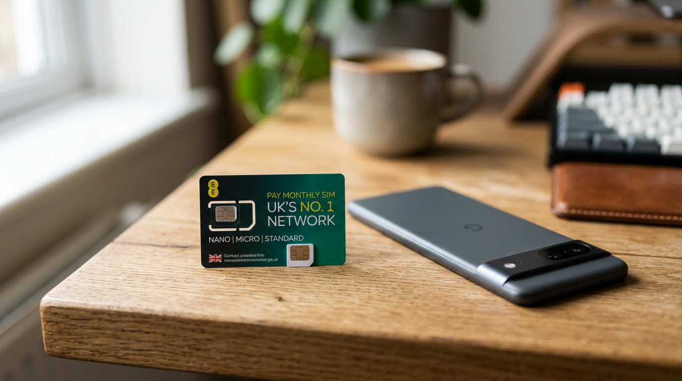 SIM card and smartphone on a desk