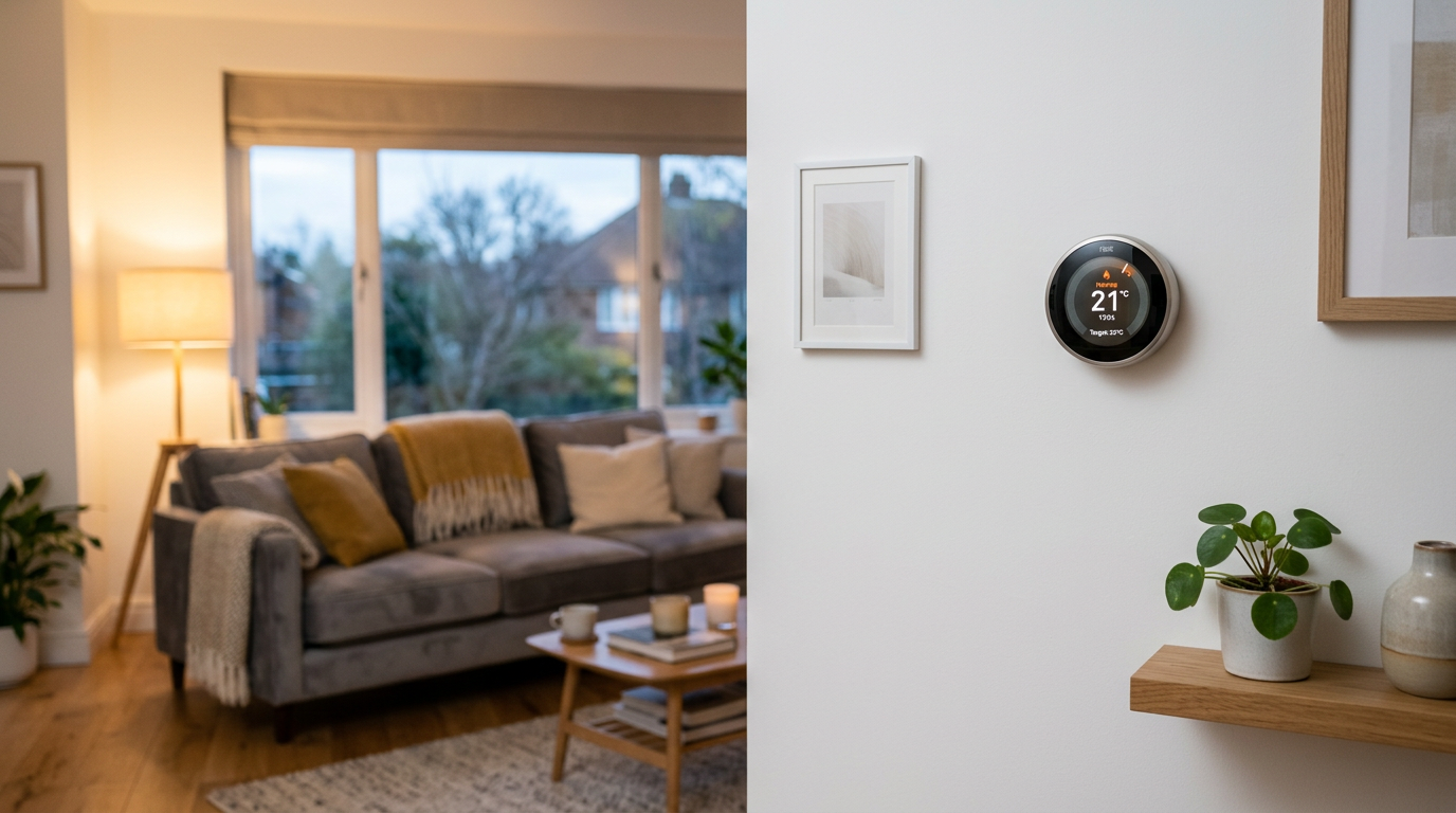 Smart thermostat in a British living room