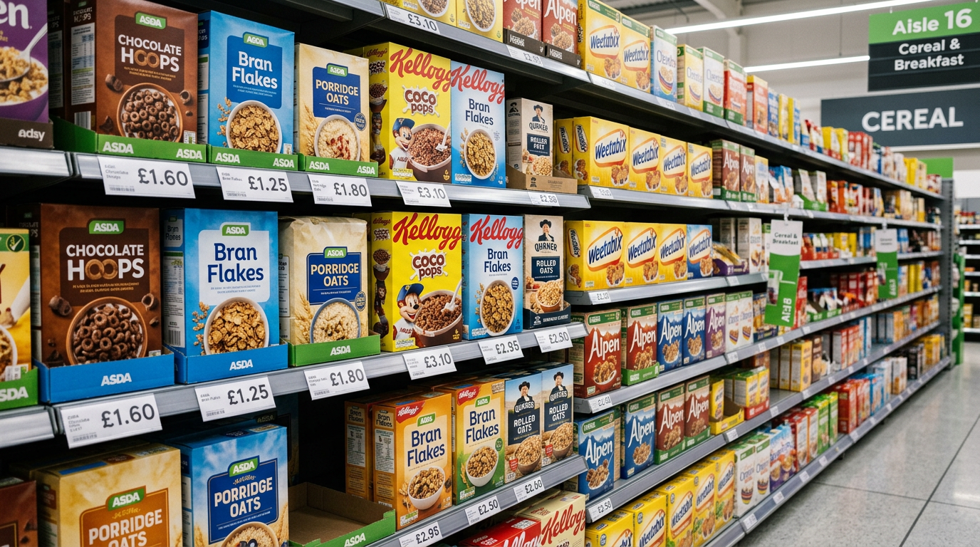 UK supermarket aisle with own-brand and branded products