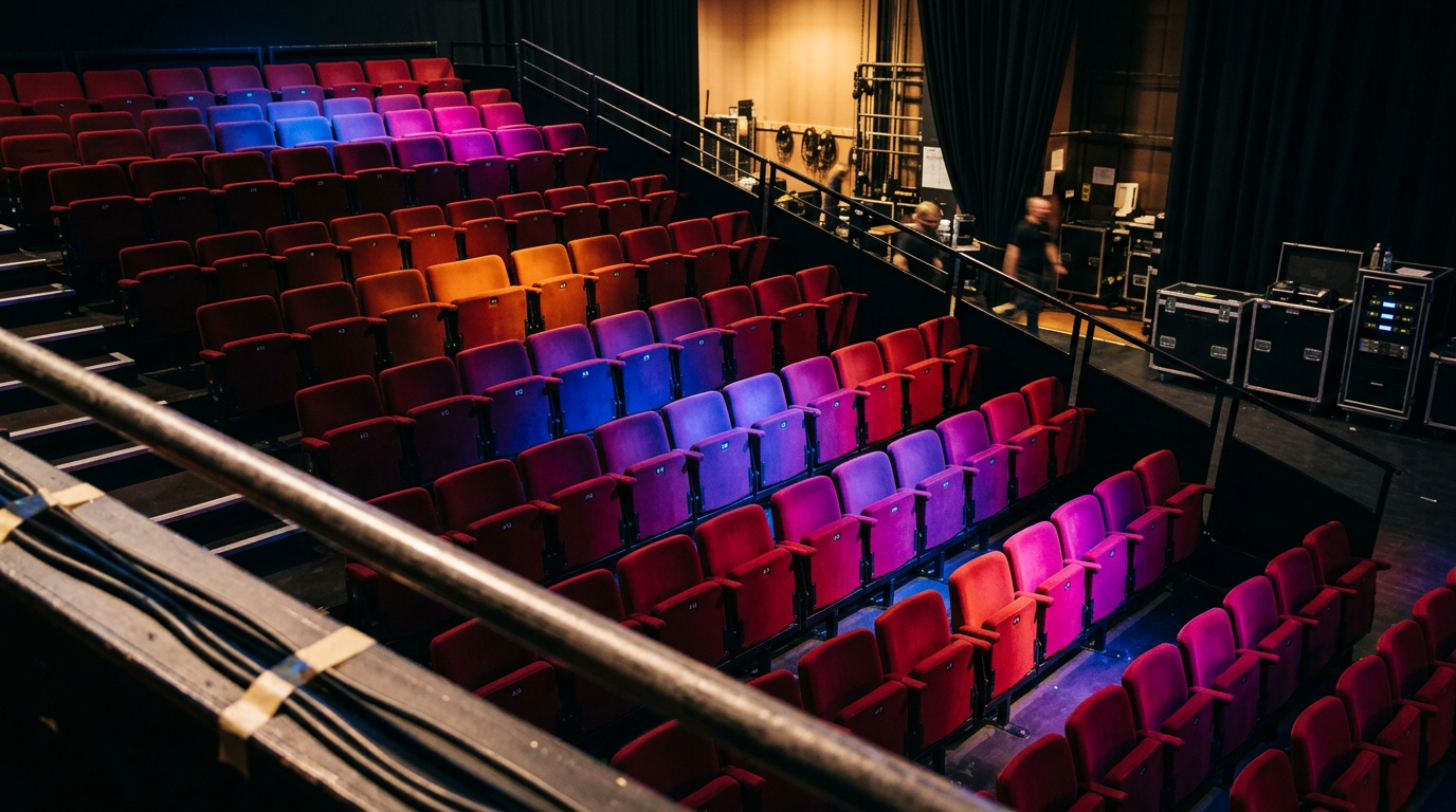British TV studio audience seats with stage lighting